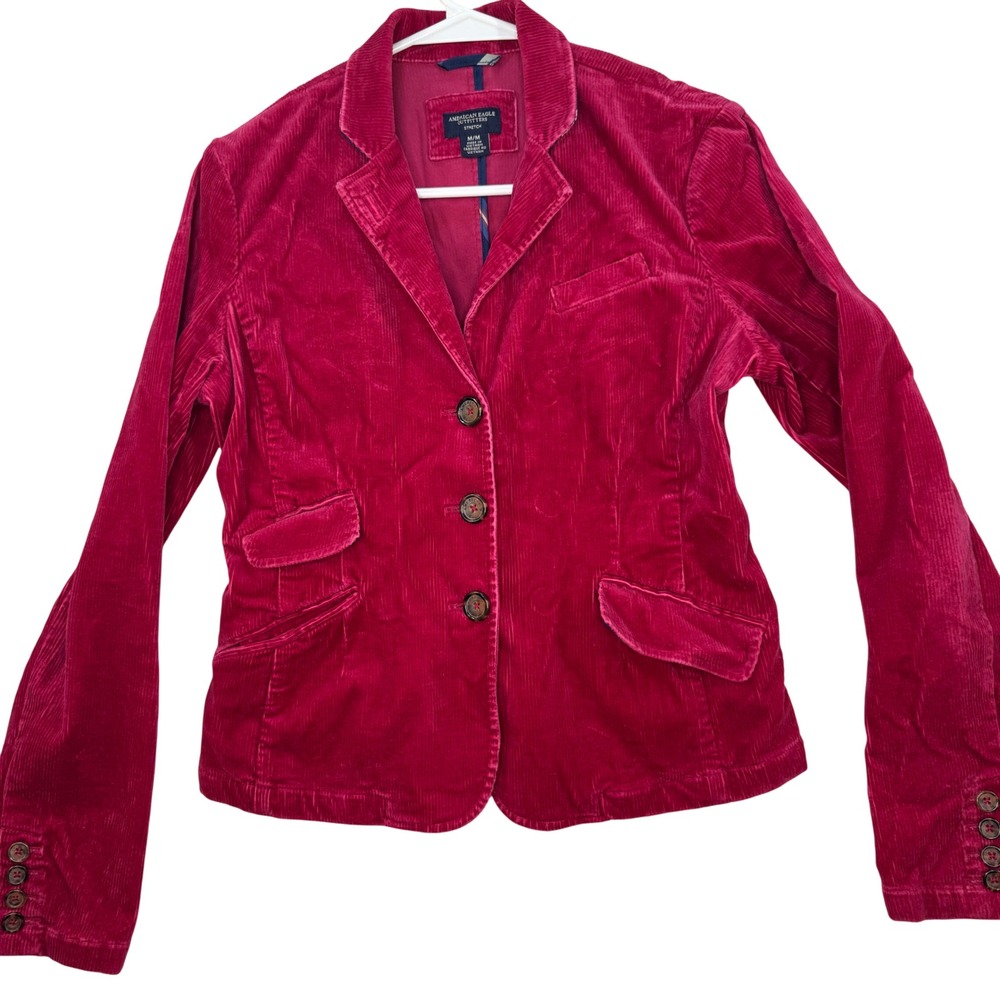 Y2K American Eagle Blazer Women Medium Red Corduroy Stretch Preppy Dark Academia